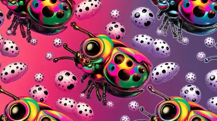 A vibrant, trippy pattern featuring colorful ladybugs and dotted eggs against a gradient background, designed as a 4K Ultra HD PC desktop wallpaper.