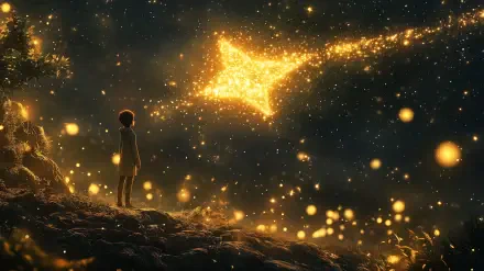 A magical scene featuring a child gazing at a shimmering shooting star amidst a starry night, surrounded by sparkling lights, creating a dreamy atmosphere. HD desktop wallpaper.