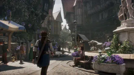 A vibrant street scene from the video game Fable (2025), featuring charming architecture, lush flowers, and characters interacting in a lively marketplace. HD wallpaper for PC.