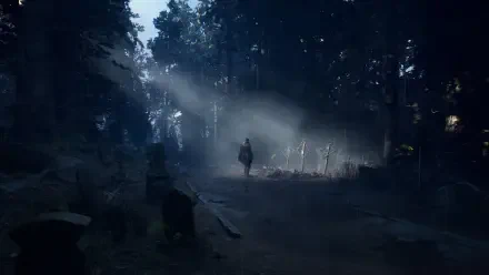 A mysterious scene from the video game Hell is Us, featuring a solitary figure walking through a dimly lit cemetery surrounded by trees, creating an eerie atmosphere. HD PC desktop wallpaper.