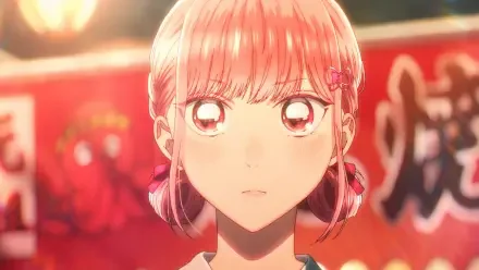 Close-up anime portrait of Hina Chouno from Blue Box, soft pink hair and wide eyes framed by warm festival lights — HD PC desktop wallpaper/background.