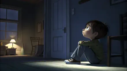A 4K Ultra HD wallpaper depicting a child sitting on the floor in a dimly lit room, looking up with a contemplative expression, evoking a sense of emptiness and introspection.