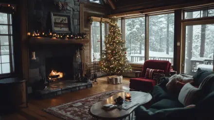 A cozy rustic holiday scene featuring a decorated Christmas tree, a warm fireplace, and snow gently falling outside. Perfect atmosphere for a winter getaway in 4K Ultra HD.