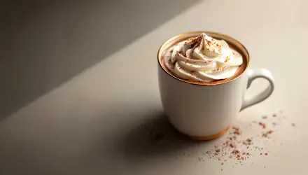 A steaming mug of hot cocoa topped with whipped cream and chocolate shavings, set against a softly lit background, perfect for a 4K Ultra HD desktop wallpaper.