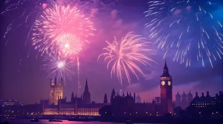 Vibrant fireworks light up the night sky over London's iconic skyline, featuring the Houses of Parliament and Big Ben, in this stunning 4K Ultra HD desktop wallpaper.