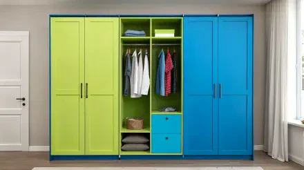 A vibrant wardrobe featuring green and blue elements, showcasing neatly organized clothes and storage. This 4K Ultra HD desktop wallpaper adds a fresh touch to any background.
