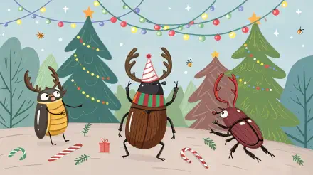 A whimsical holiday party scene featuring animated beetles in festive attire, surrounded by decorated trees, colorful lights, and candy canes, captured as a vibrant 4K Ultra HD desktop wallpaper.