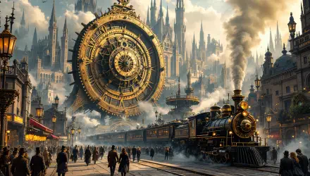 A captivating 4K Ultra HD wallpaper depicting a bustling cityscape with a steam locomotive, ornate architecture, and a massive gear structure, conveying themes of capitalism and progress.