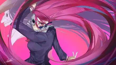 4K Ultra HD anime wallpaper of Aira Shiratori from Dandadan, featuring dynamic motion and vibrant pink hues in a striking action pose.