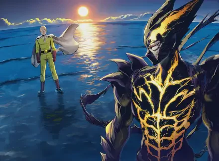 An 8K Ultra HD wallpaper featuring Saitama and Garou from One-Punch Man standing on a reflective water surface under a vibrant sunset sky.