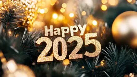 A festive 2025 backdrop featuring Happy 2025 in glittering gold, surrounded by glowing lights and decorative elements, perfect for a celebratory New Year’s theme.