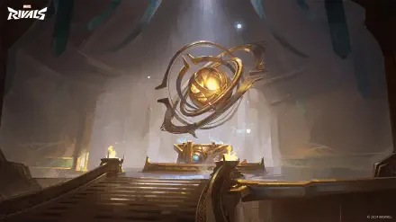 A stunning 4K Ultra HD wallpaper from the video game Marvel Rivals, featuring a grand interior with a radiant golden orb and dramatic lighting effects.