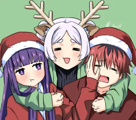 Anime-style 4K Ultra HD wallpaper featuring Fern, Frieren, and Stark from Frieren: Beyond Journey's End wearing Santa hats and antlers in a festive scene.