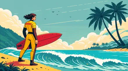 A vibrant 4K Ultra HD wallpaper featuring a surfer standing on the beach with a red surfboard, looking out at the waves and palm trees against a bright, sunny sky.
