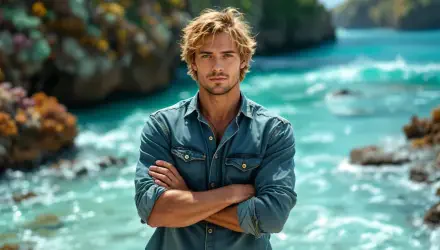 A young man with tousled hair stands confidently with arms crossed by a vibrant coastal scene, featuring blue water and rocky cliffs, captured in stunning 4K Ultra HD quality.