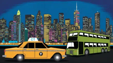 A vibrant illustration of New York City at night, featuring a classic yellow taxi and a green double-decker bus alongside a skyline filled with colorful lights. 4K Ultra HD desktop wallpaper.