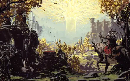 A stunning HD wallpaper from the video game Elden Ring: Shadow of the Erdtree, showcasing a majestic landscape with golden trees and a distant radiant tree.