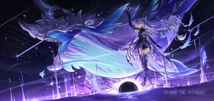 4K Ultra HD PC wallpaper featuring Skirk from Genshin Impact, showcasing a dynamic scene with the character and a dragon under a starry night sky.