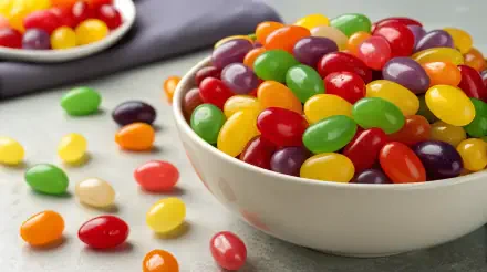 A vibrant bowl overflowing with colorful jelly beans, surrounded by scattered candies, creating a delightful and visually appealing 4K Ultra HD desktop wallpaper.