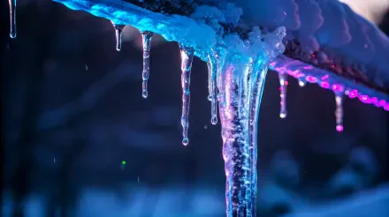 Vibrant 4K Ultra HD wallpaper featuring illuminated icicles and snow, glowing in blue and purple hues against a dark winter backdrop.