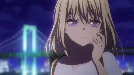 A character from the anime BanG Dream! Ave Mujica stands against a vibrant nighttime city backdrop, showcasing her blonde hair and purple eyes in this HD desktop wallpaper.