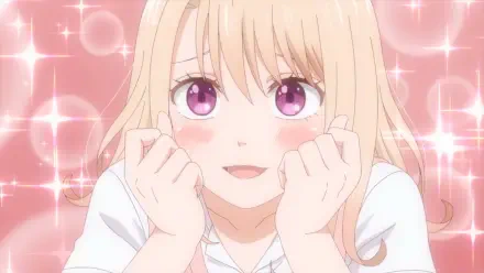 Anime-inspired HD desktop wallpaper featuring a character from Medaka Kuroiwa Is Impervious to My Charms, displaying a cheerful expression with sparkling pink backgrounds.