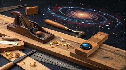 A captivating woodworking scene features traditional tools, wooden planks, and shavings, set against a stunning cosmic background. A vibrant 4K Ultra HD desktop wallpaper.