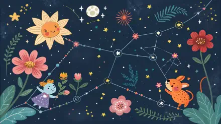 A whimsical star map featuring a sun, flowers, and playful characters among constellations, designed as a vibrant 4K Ultra HD desktop wallpaper.