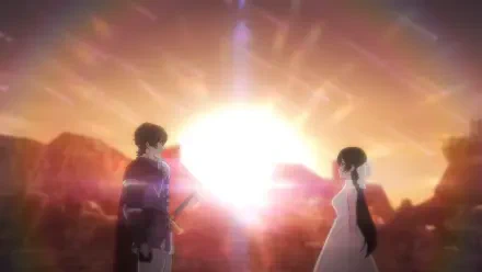 A captivating anime scene from Unnamed Memory, featuring two characters facing each other against a backdrop of a vibrant sunset, creating a dramatic and emotional atmosphere.