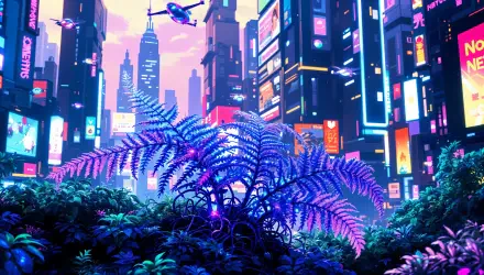 A vibrant fern foreground contrasts against a futuristic cityscape with neon lights and skyscrapers, presented as a stunning 4K Ultra HD desktop wallpaper and background.