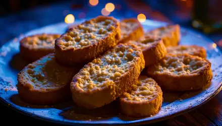 Close-up of golden biscotti cookies arranged on a plate, showcasing sweet baked goods in a vibrant 4K Ultra HD desktop wallpaper setting.