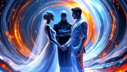 A stunning 4K Ultra HD wallpaper capturing a wedding scene, featuring a bride and groom holding hands, with a mysterious officiant surrounded by vibrant swirling colors.