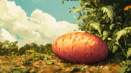 A vibrant 4K Ultra HD image of a large sweet potato resting on the ground, surrounded by greenery and under a sky with fluffy clouds.