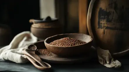 A close-up of flax seeds in a wooden bowl, set against a dimly lit background with rustic pottery and linen, offering a natural, earthy aesthetic for a 4K Ultra HD desktop wallpaper.