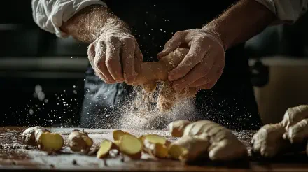 A chef's hands break fresh ginger, releasing aromatic spices, with scattered flour and ginger pieces on a wooden surface, showcasing the essence of culinary creativity. 4K Ultra HD wallpaper.