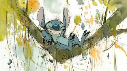 A vibrant HD wallpaper featuring Stitch from Lilo & Stitch, playfully lounging on a branch amidst colorful splashes of green and yellow, capturing his joyful spirit.