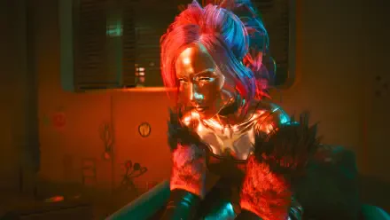 A vibrant 4K Ultra HD wallpaper featuring Lizzy Wizzy from Cyberpunk 2077, showcasing her striking metallic look and colorful hair in a stylized, futuristic setting.