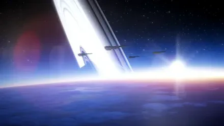 HD PC desktop wallpaper featuring a space scene with planets and rings from the video game Helldivers 2.