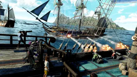 A vibrant HD wallpaper from the video game Like a Dragon: Pirate Yakuza, featuring a dynamic naval scene in Hawaii with ships and action elements on the water.