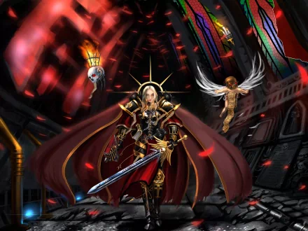 A dynamic HD wallpaper featuring an Adepta Sororitas figure from Warhammer 40k, surrounded by ethereal elements and a dramatic, gothic backdrop.