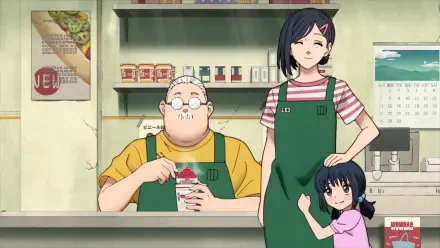 Anime HD desktop wallpaper featuring Taro Sakamoto, Aoi Sakamoto, and Hana Sakamoto from Sakamoto Days in a cozy kitchen setting.