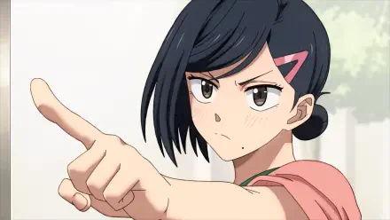 HD PC desktop wallpaper: Anime character Aoi Sakamoto from Sakamoto Days, pointing forward with a stern expression, dark bob and pink hairpin.