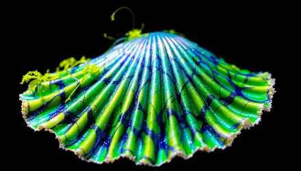 A vibrant seashell displays intricate patterns in shades of blue and green against a black background, showcasing its beauty as a stunning 4K Ultra HD desktop wallpaper.