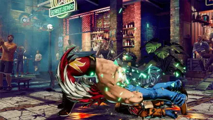 Fierce action scene from Fatal Fury: City of the Wolves, showcasing a character delivering a powerful move in a vibrant, urban fighting backdrop. HD wallpaper for fans.