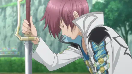 A character from *Tales of Graces f Remastered* stands contemplatively, sword in hand, set against a lush, vibrant background. A striking 4K Ultra HD wallpaper for fans of the game.