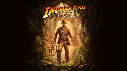 HD wallpaper featuring Indiana Jones in Indiana Jones and the Great Circle, standing confidently in a lush, mysterious jungle setting with a whip in hand.