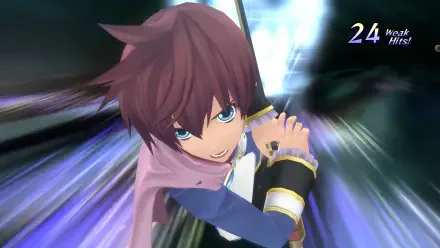 A dynamic scene from the video game Tales of Graces f Remastered, featuring a character in action against a vibrant, blurred background, showcasing 4K Ultra HD graphics.