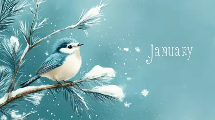 HD desktop wallpaper featuring a small bird perched on a snow-covered branch with delicate pine needles, set against a soft blue background with January text.