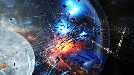 A stunning 4K Ultra HD wallpaper depicting a chaotic scene from EVE Online's Galactic Attack, showcasing space battles illuminated by vibrant colors and intricate details.