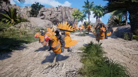 A vibrant 4K Ultra HD wallpaper featuring Chocobos from Final Fantasy VII Rebirth racing through a scenic landscape with rocky formations and tropical palm trees.